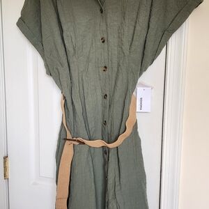 Sonoma Olive Green Dress with Gray Belt, very stretchy too
